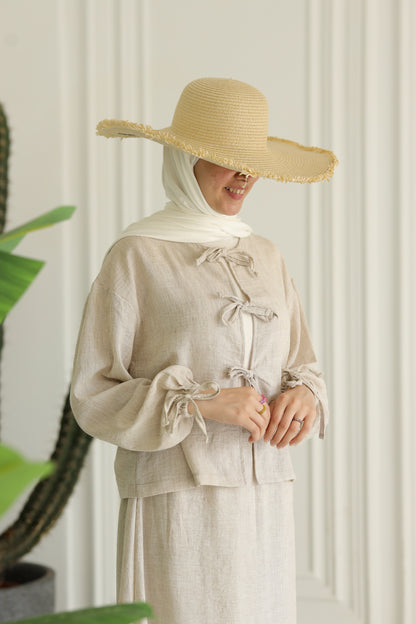 Miss Chic Bow Linen set-Beige