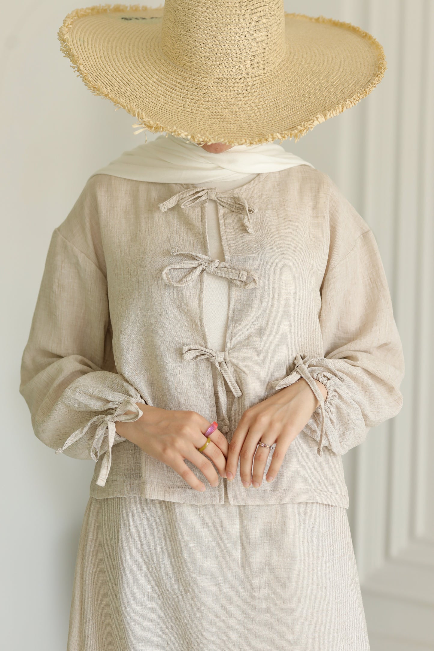 Miss Chic Bow Linen set-Beige