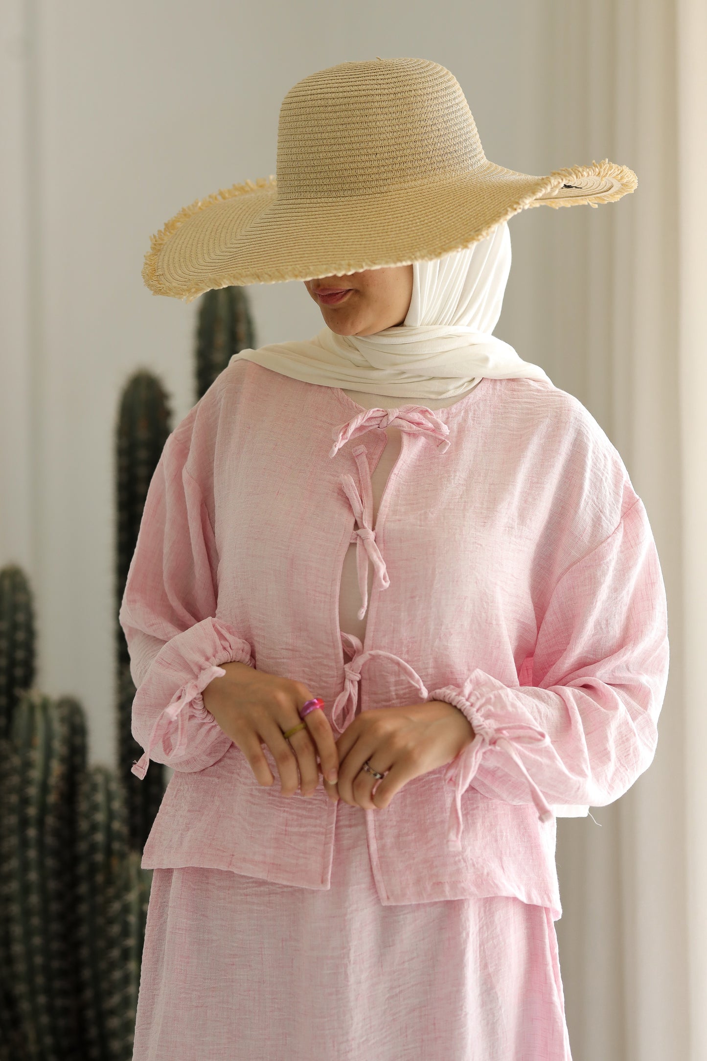 Miss Chic Bow Linen set-Pink