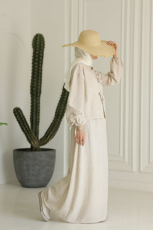 Miss Chic Bow Linen set-Beige