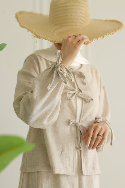 Miss Chic Bow Linen set-Beige