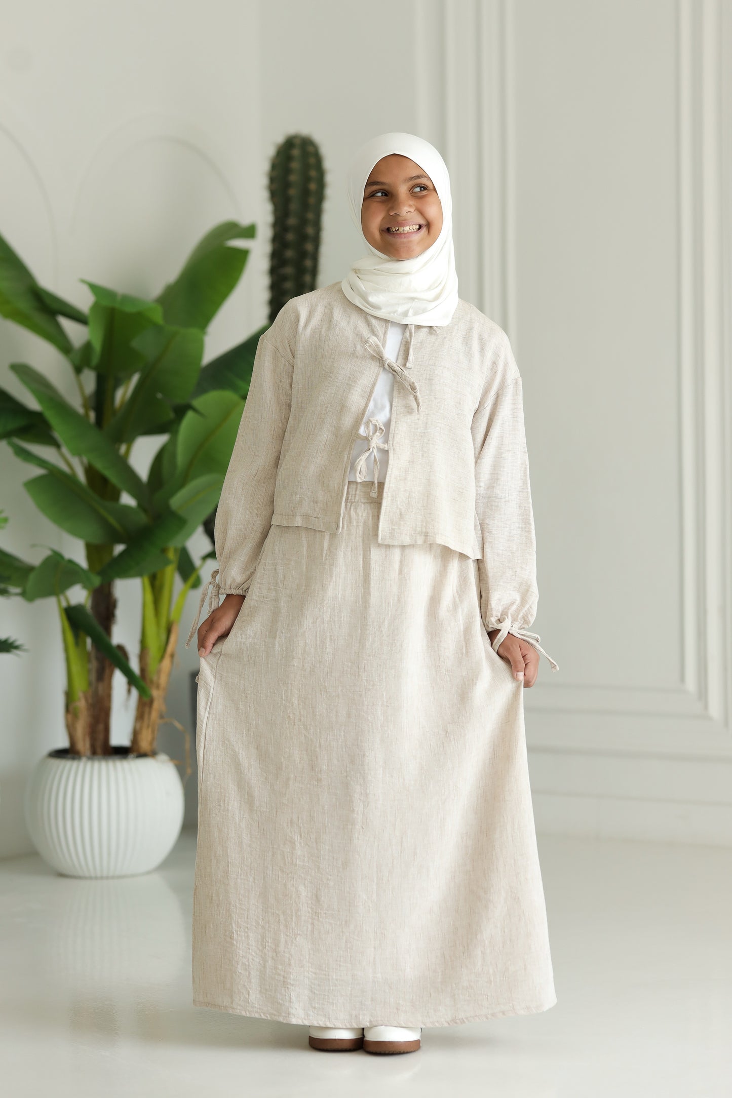 Little Miss Bow Linen set-Beige