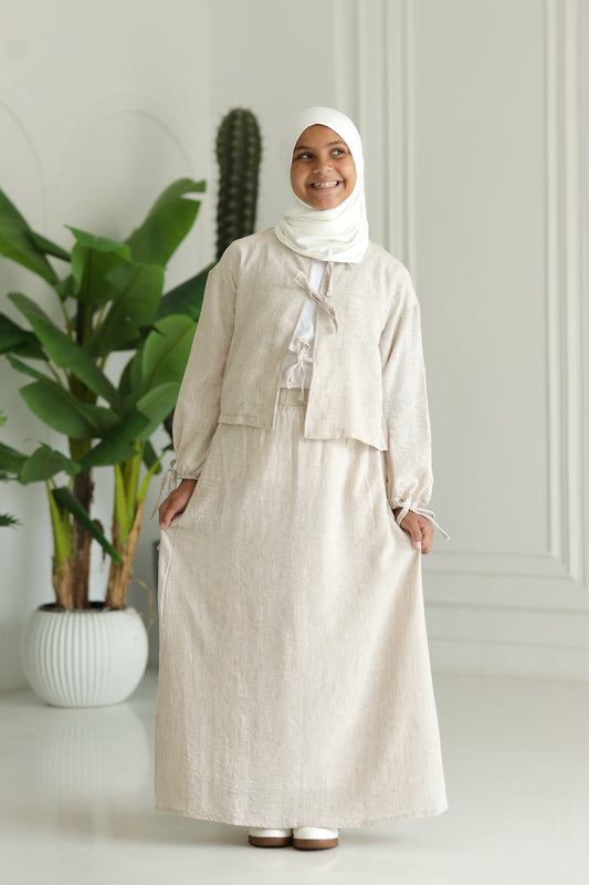 Little Miss Bow Linen set-Beige
