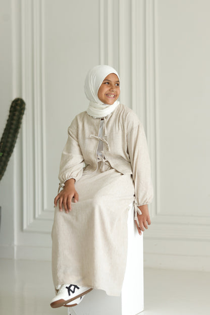 Little Miss Bow Linen set-Beige