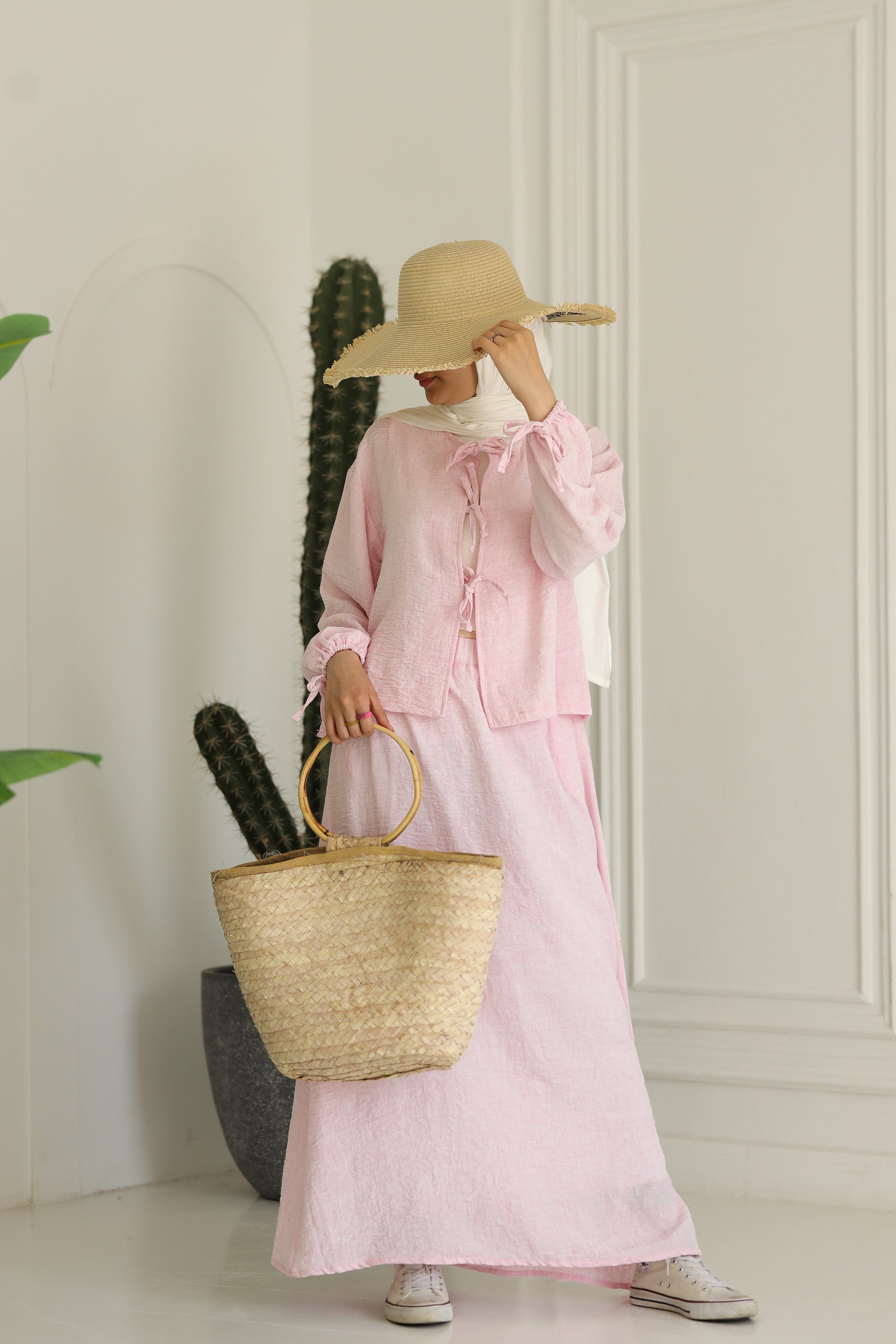 Miss Chic Bow Linen set-Pink